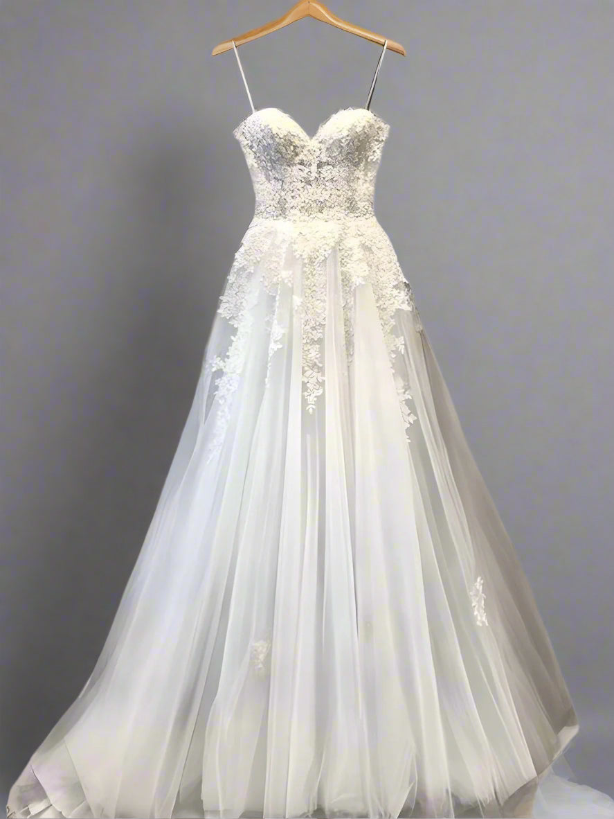 Front view of the Stephanie Bridal Gown, highlighting the sweetheart neckline and delicate appliques.