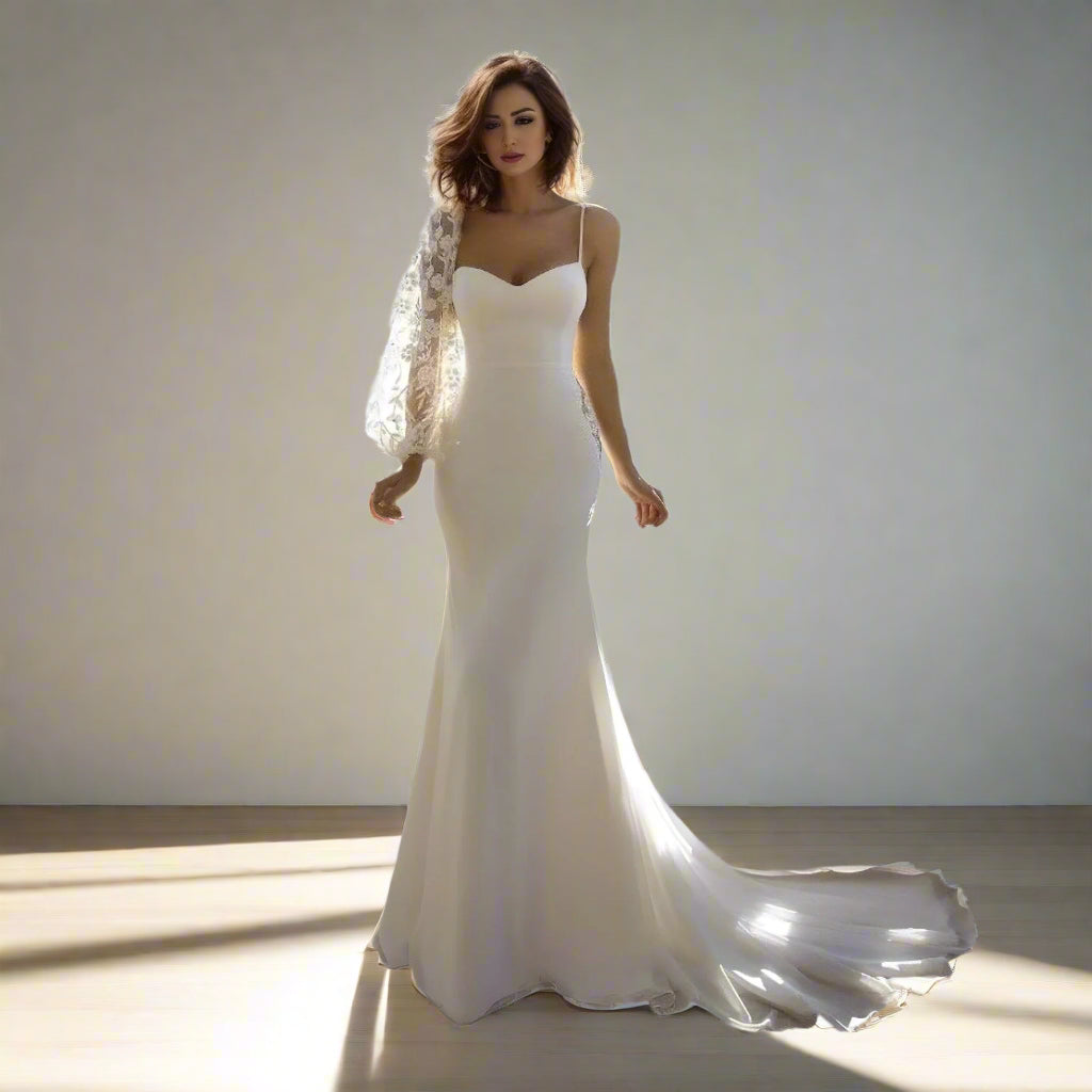 Front view of the Susan Bridal Gown, highlighting the sweetheart neckline and puff lace sleeve.