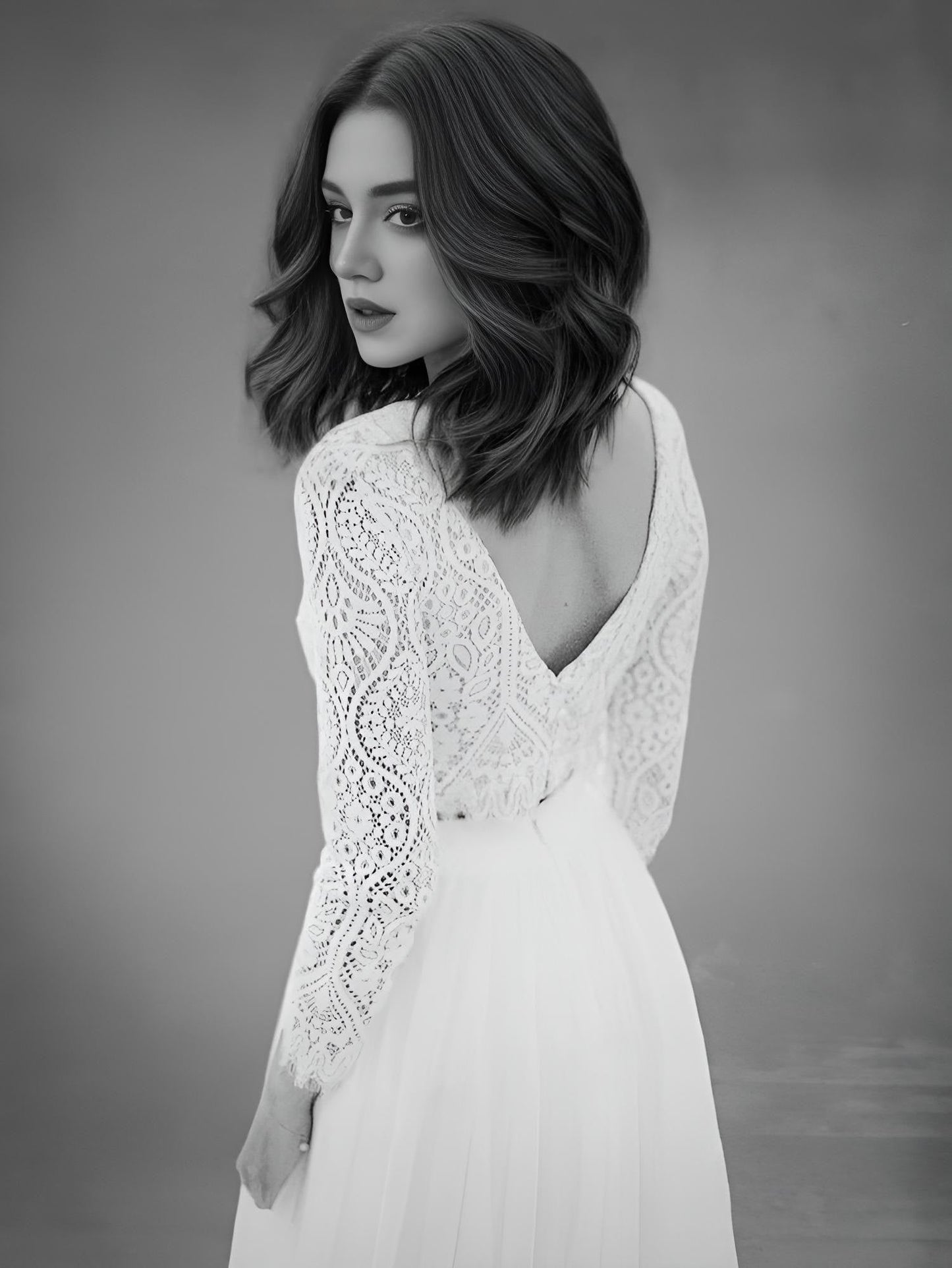 Bride from back in Bride in Boho V Neck Full Cap Sleeve Lace Top Chiffon Skirt Beach Bridal Gown In Black and White