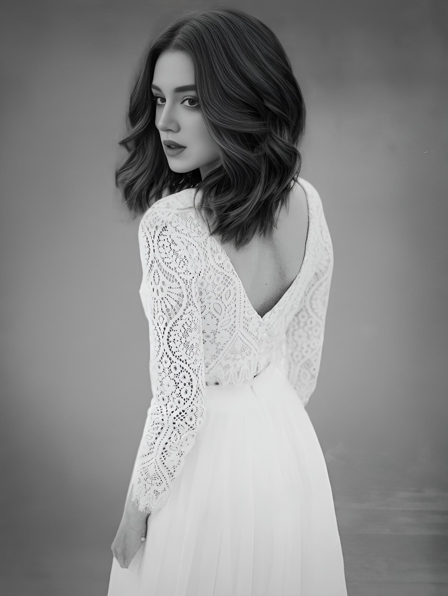 Bride from back in Bride in Boho V Neck Full Cap Sleeve Lace Top Chiffon Skirt Beach Bridal Gown In Black and White