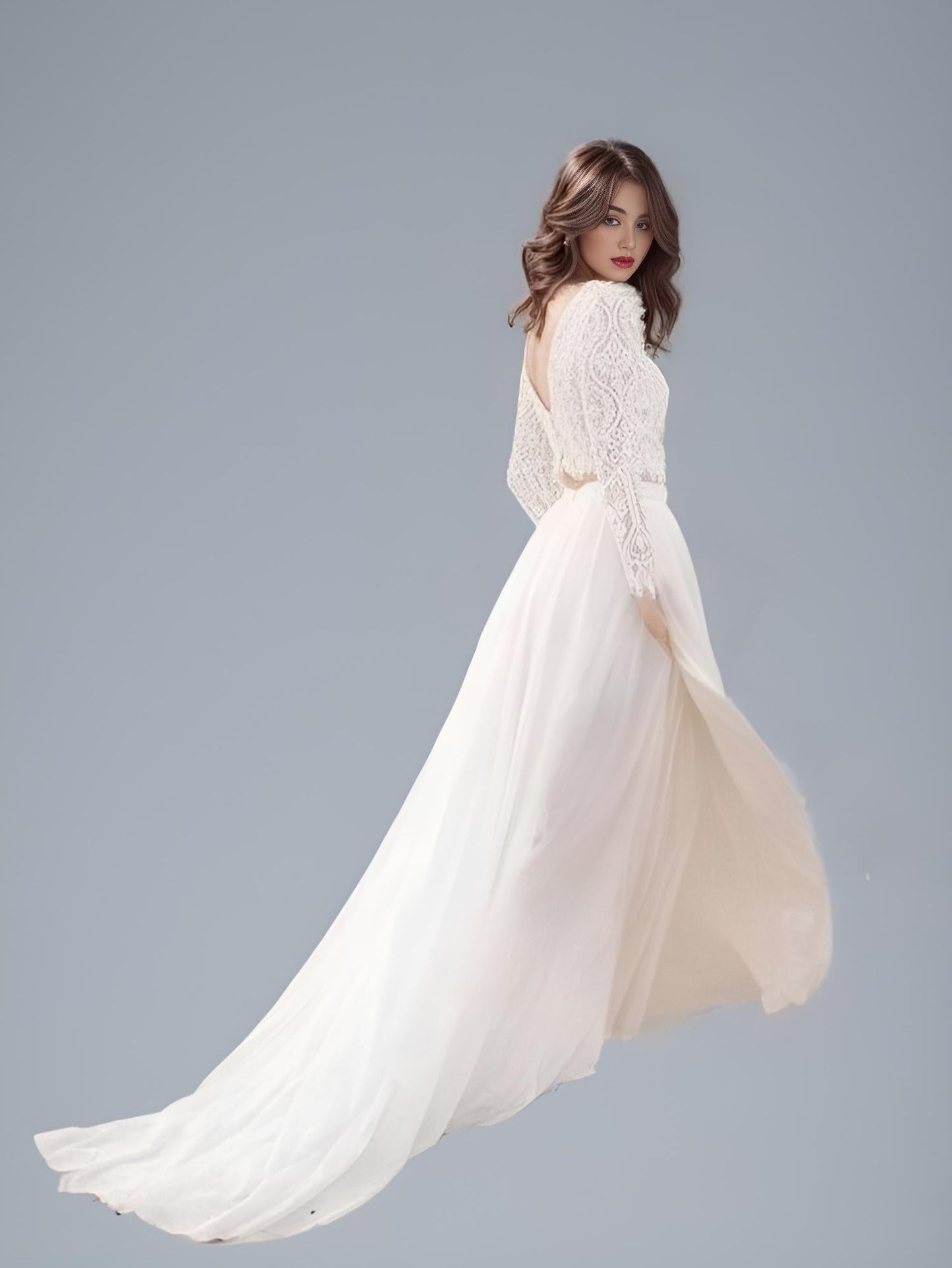 Bride in Boho V Neck Full Cap Sleeve Lace Top Pleat Chiffon A-Line Wedding Dress Beach Bridal Gown