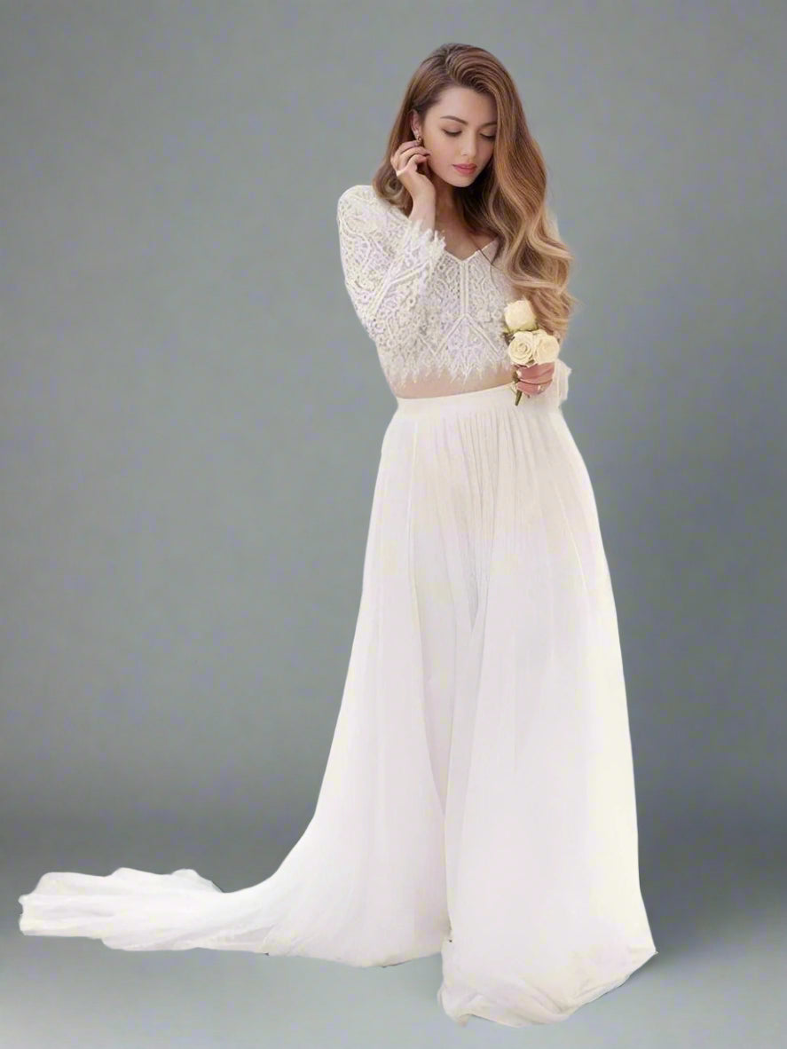 Bohemian Bride in Boho V Neck Full Cap Sleeve Lace Top Pleat Chiffon A-Line Wedding Dress Beach Bridal Gown