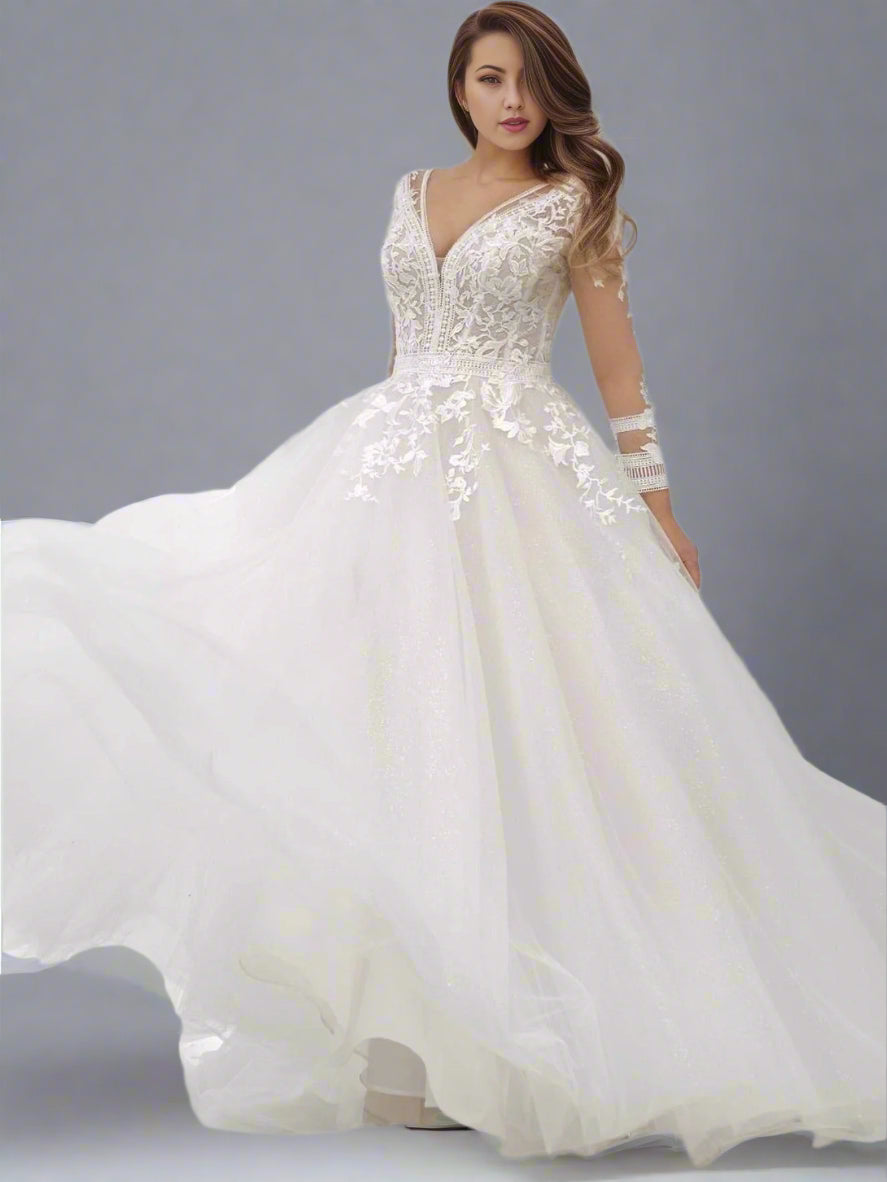 Bride twirling in the Tania wedding dress, showcasing its airy movement of A line dress.