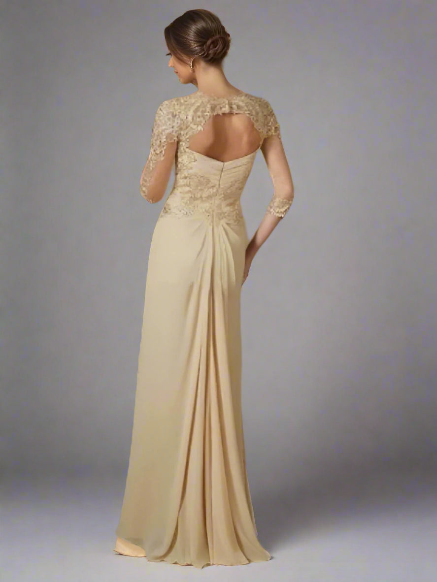 Back view of Tarina Champagne Mother of the Bride dress showcasing backless design