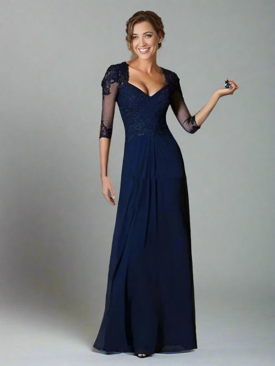 Full-length view of the Tarina Mother of the Bride dress in navy blue with beading