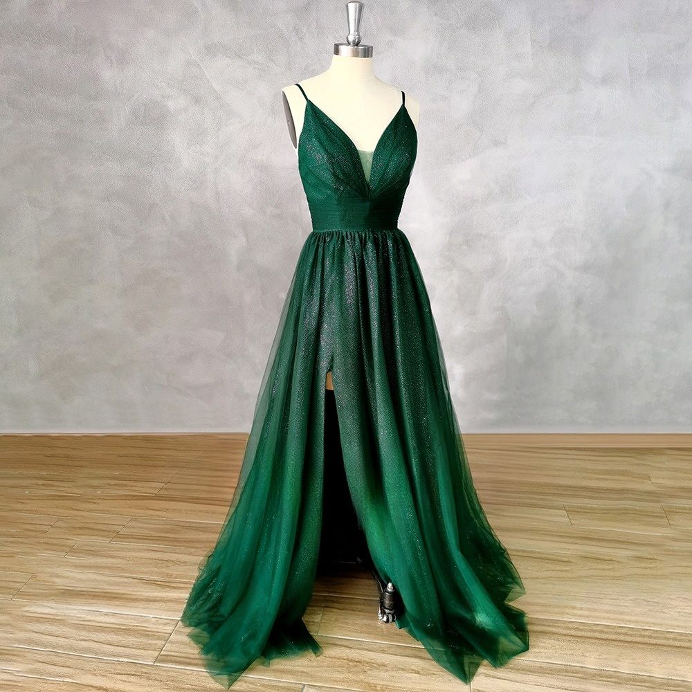 Tessa Formal glitter Dress in emerald green with V-neckline and side slit