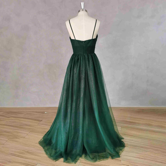 Back view of shimmering emerald green  Tessa Formal Couture Dress showing zipper closure