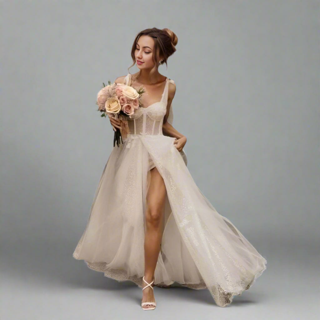 Bride wearing the Valerie glitter tulle wedding dress with high slit, holding flower bouquet.