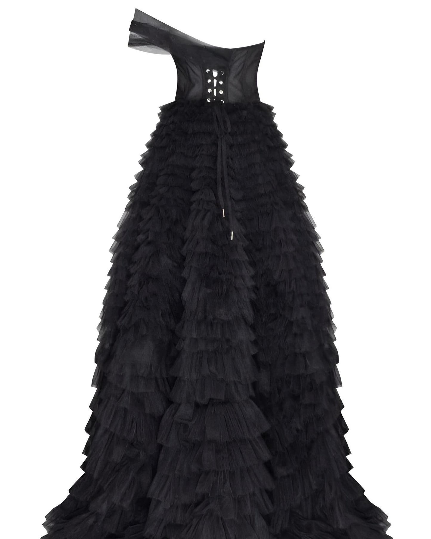 Back view of Velma dress showcasing the lace up back and flowing tulle.
