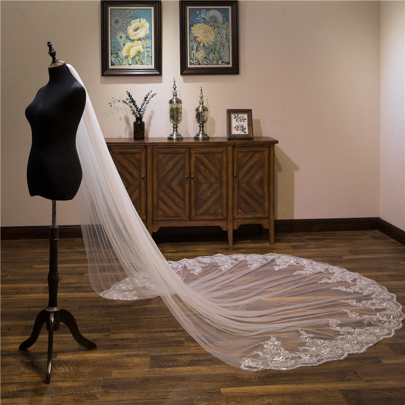Cathedral Bridal Veil with Sequined Lace and Comb