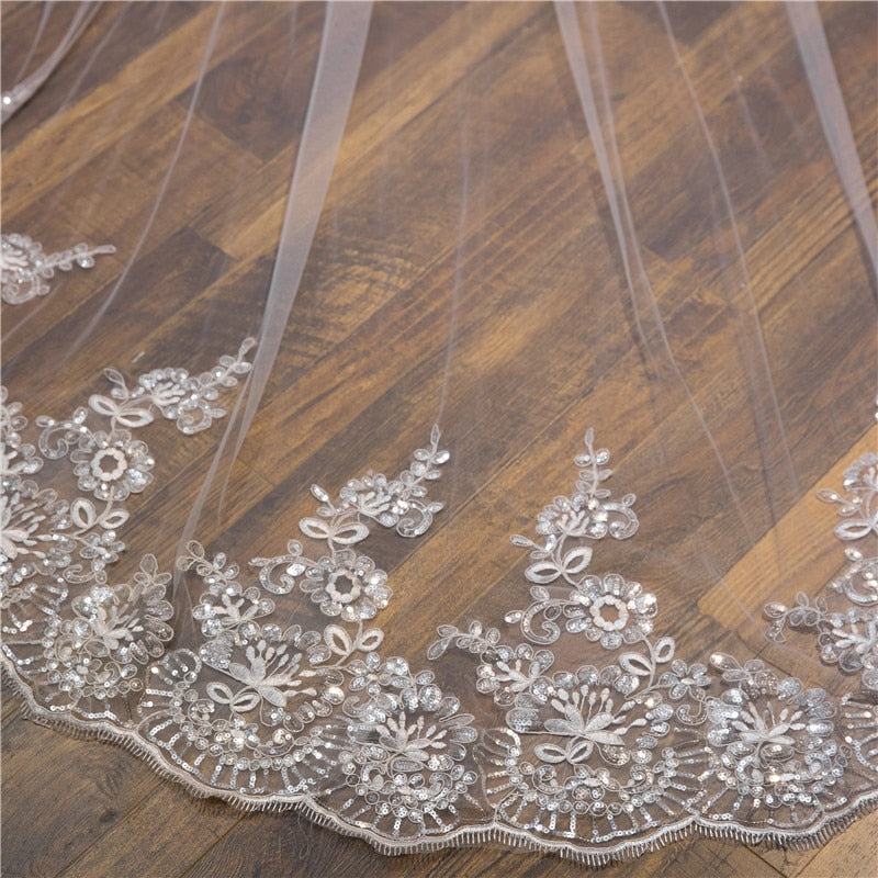 Cathedral Bridal Veil with Sequined Lace and Comb