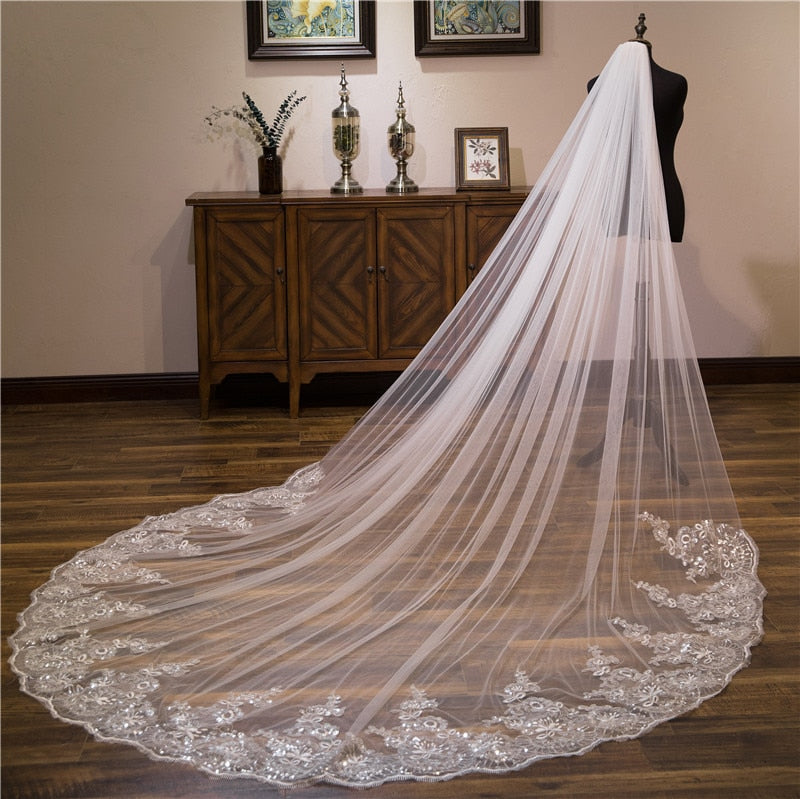 wedding dress long veil Cathedral Bridal Veil with Sequined Lace
