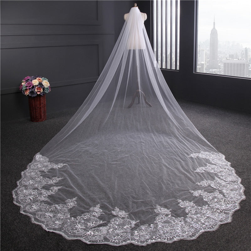 Cathedral Bridal Veil with Sequined Lace and Comb - White