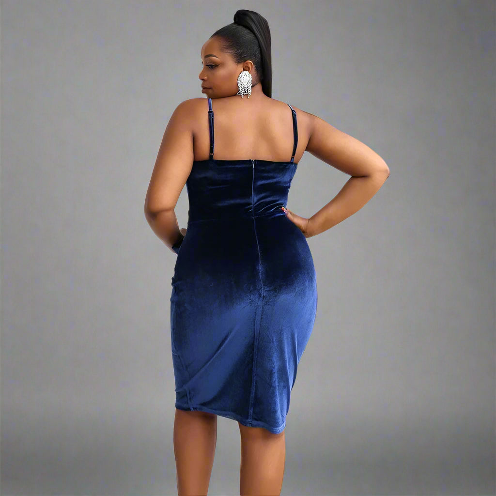 Back view of the SASHA knee-length prom dress with spaghetti straps.