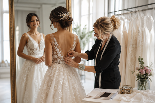 Bride trying on a custom wedding dress while a bridal seamstress adjusts the gown during a fitting.