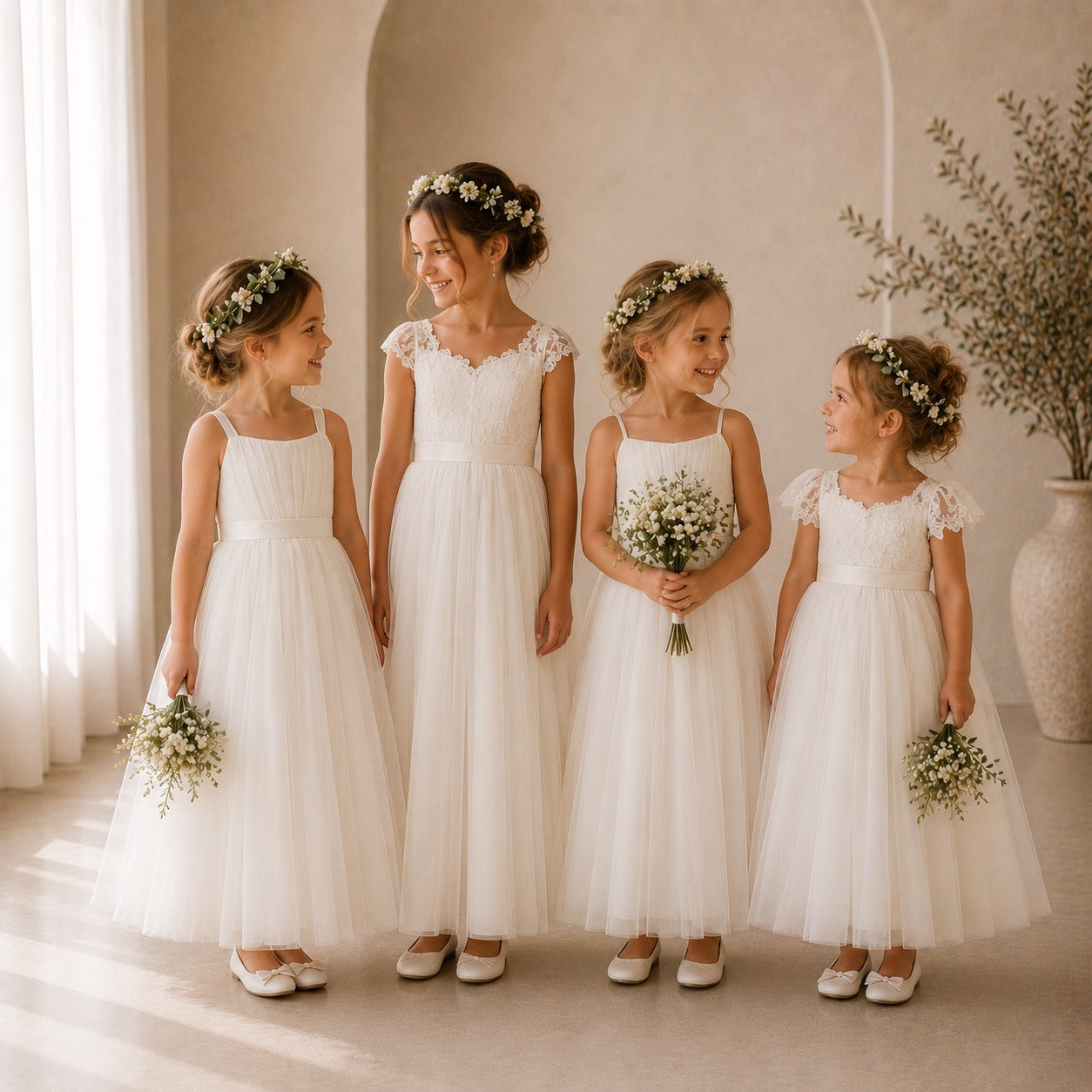Little girl in flower girl birthday dress running away