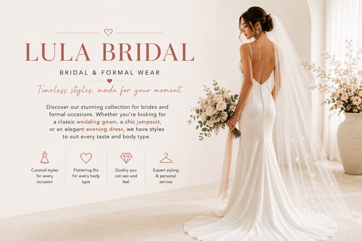 Woman in a white wedding dress holding flowers with Lula Bridal branding.