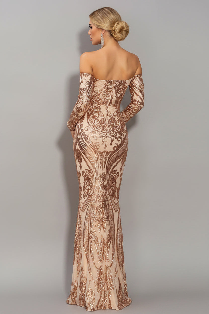 Woman wearing a sequin patterned off-shoulder gold bodycon dress.