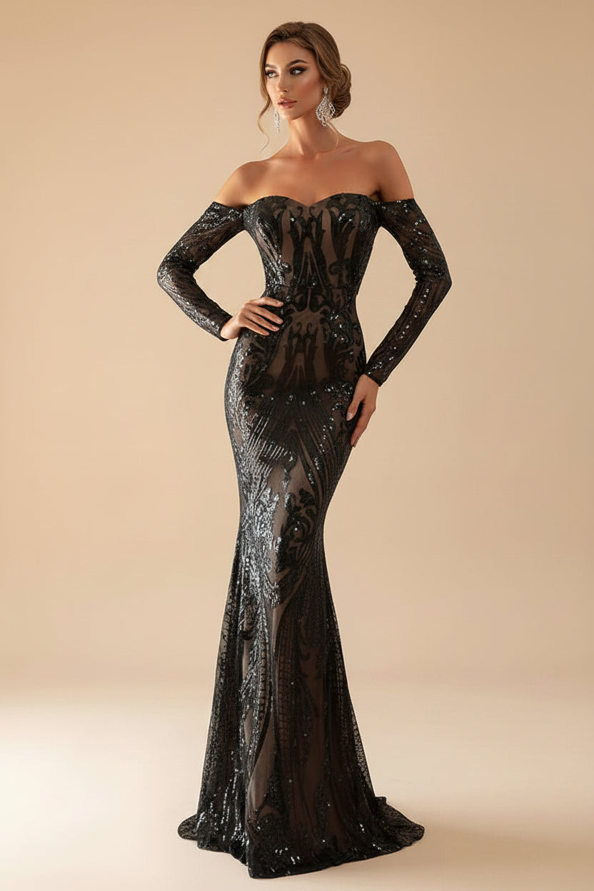 Woman wearing a black sequin off-shoulder gown on a beige background