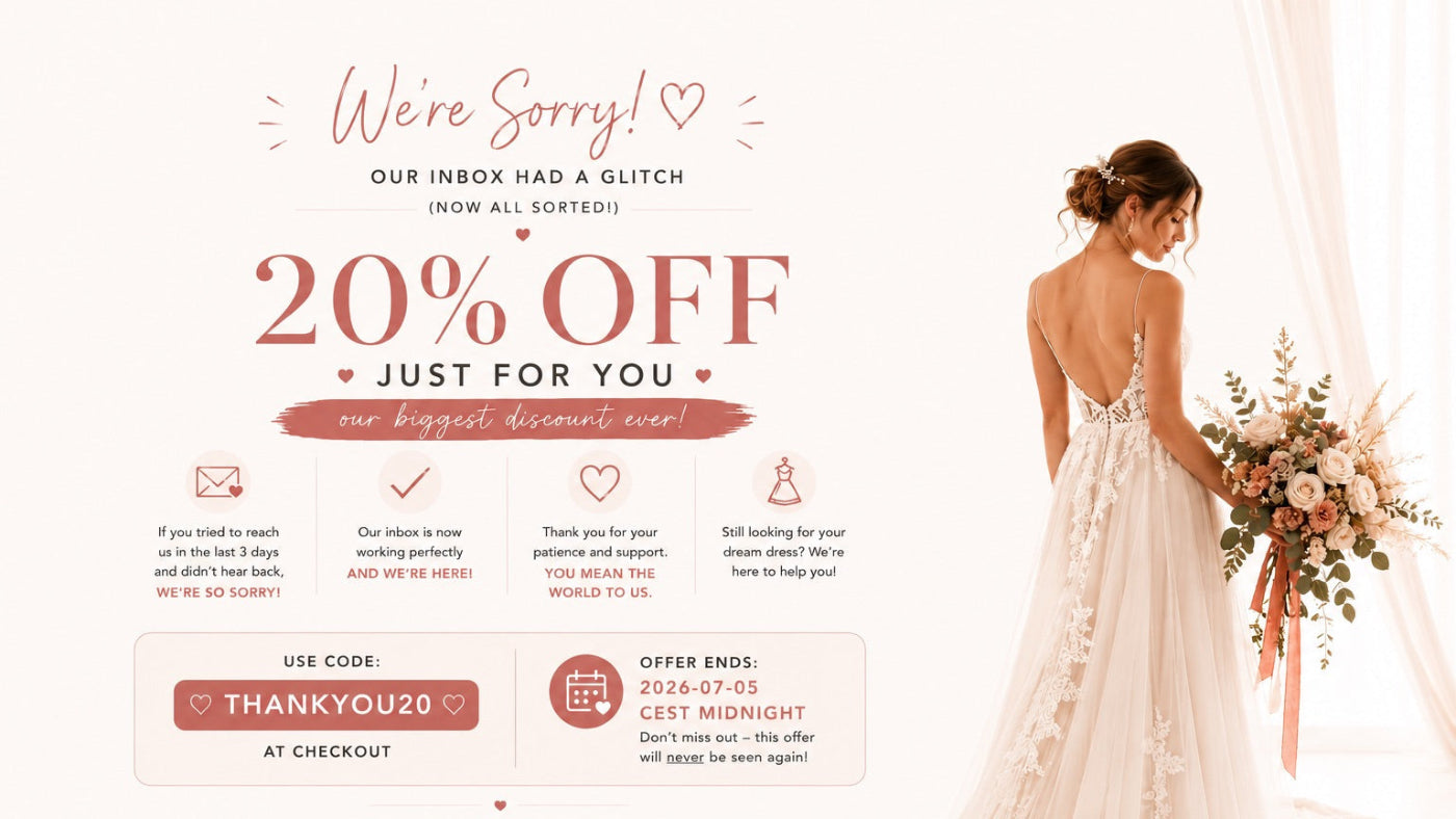 Promotional email with 20% off offer for Lula Bridal wedding dresses, featuring a bride holding flowers.