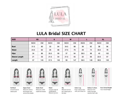 LULA Bridal size chart with measurements and illustrations of women wearing different body parts.