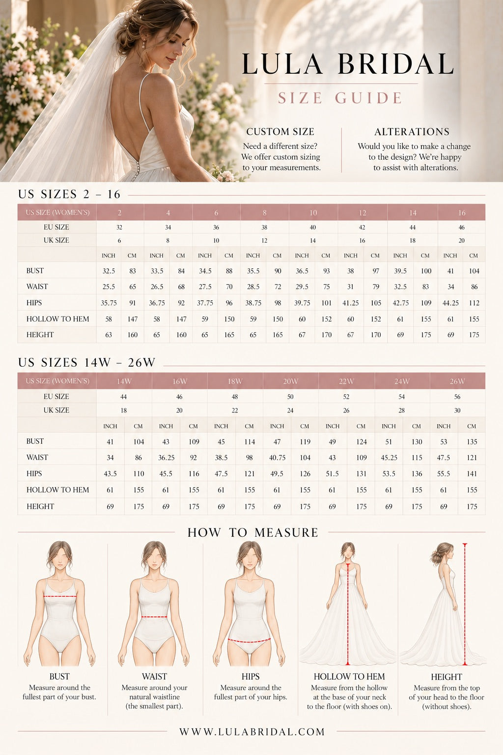 Lula Bridal size chart with measurements for various body parts.
