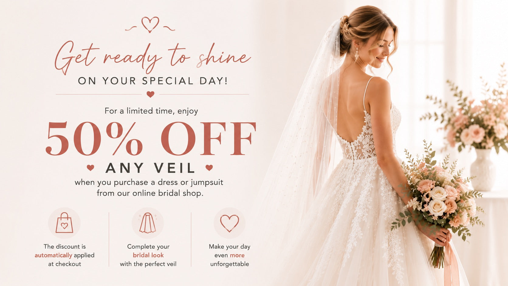 Promotional banner for a wedding dress and veil sale with a bride holding flowers.