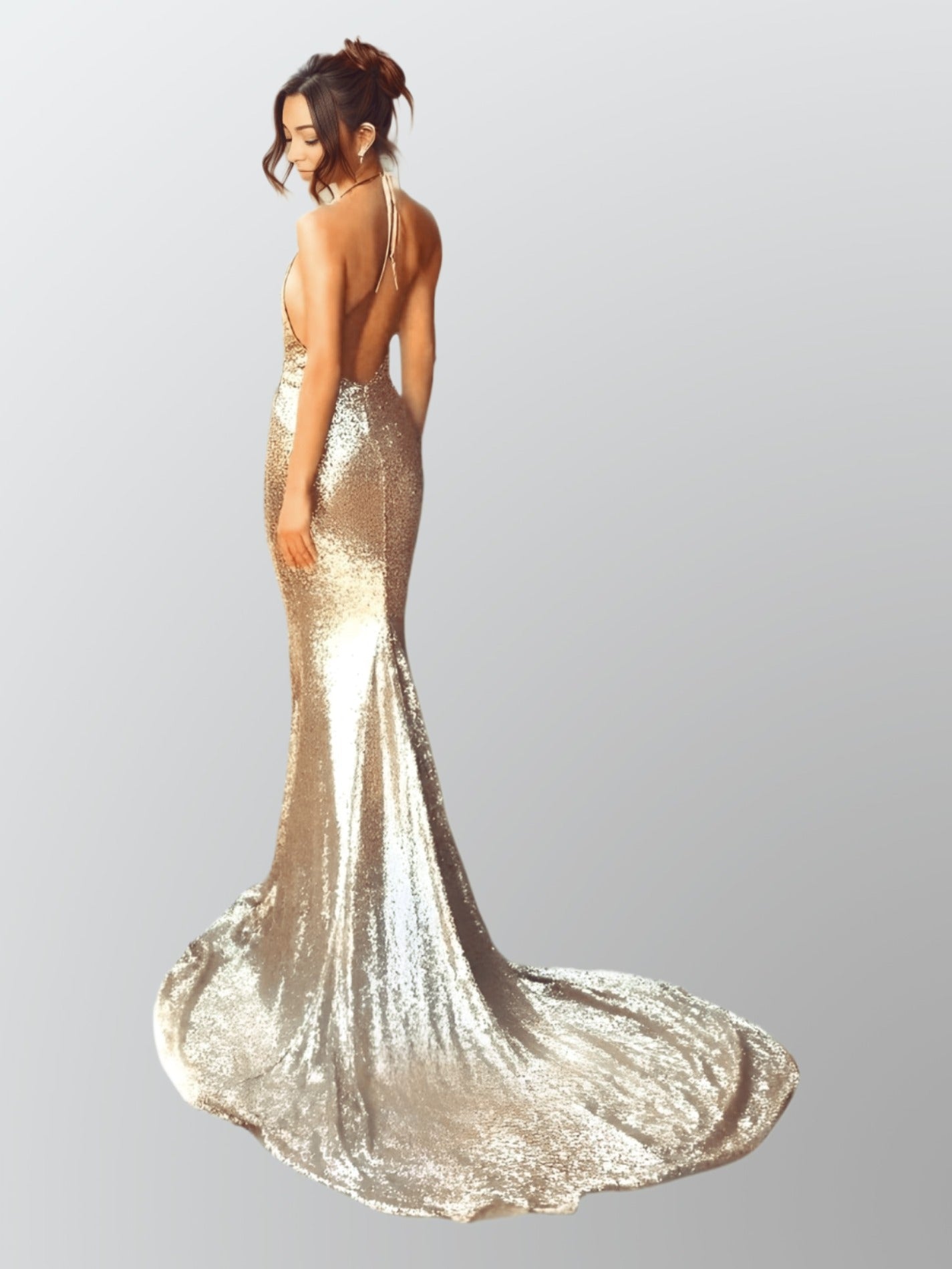 Women from back in Sexy Gold Sequined Backless Evening Gown with Train