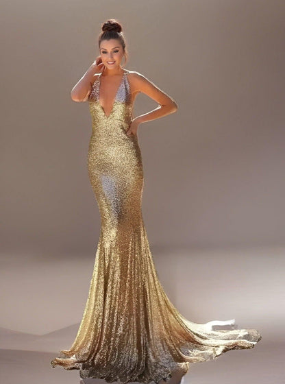 ABBY Formal Dress | Sexy Gold Sequined Backless Evening Gown Lula Bridal ABBY Formal Dress | Sexy Gold Sequined Backless Evening Gown Lula Bridal