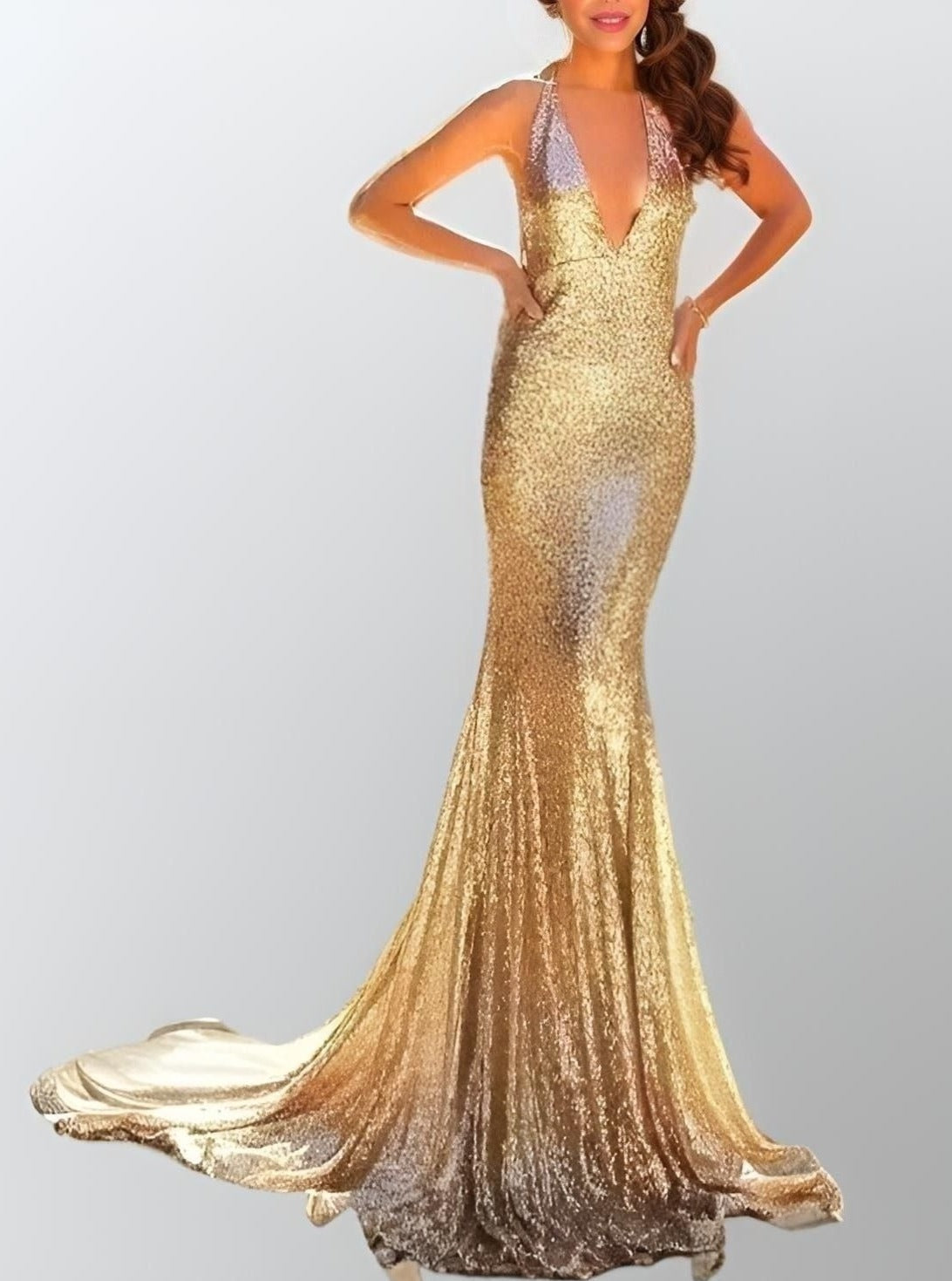 Women in Sexy Gold Sequined Backless Evening Gown with V Neck