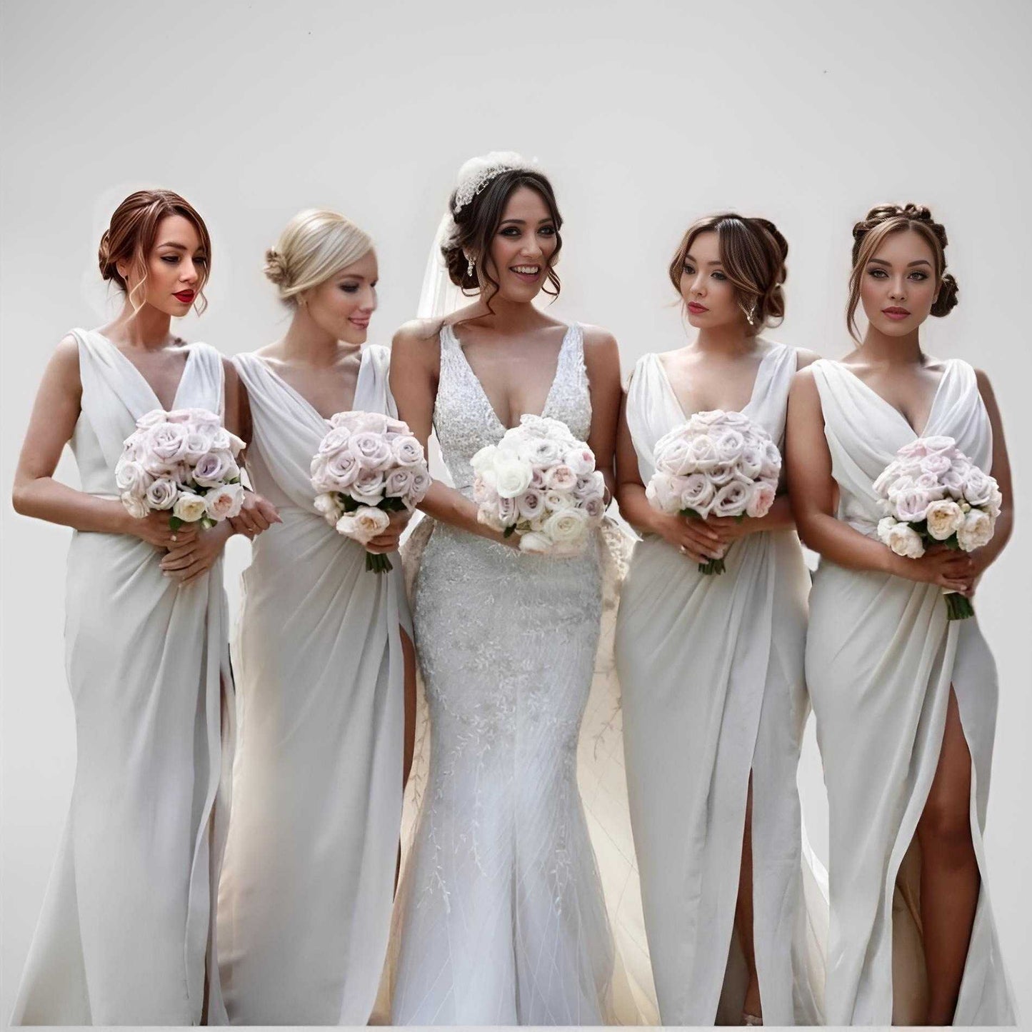 Bridesmaids with bride in white dress, with plunging design, holding rose bouquets