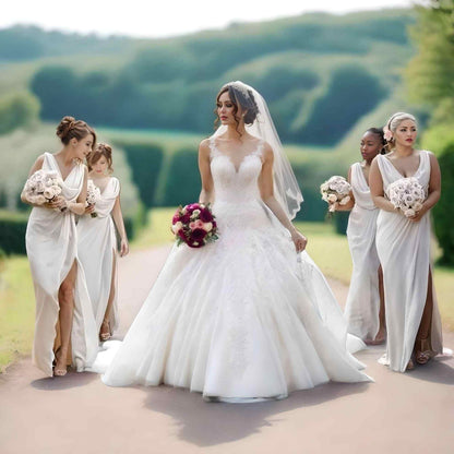 Bride walking in aisle with her bridesmaids on side wearing bridesmaid dress in champagne color