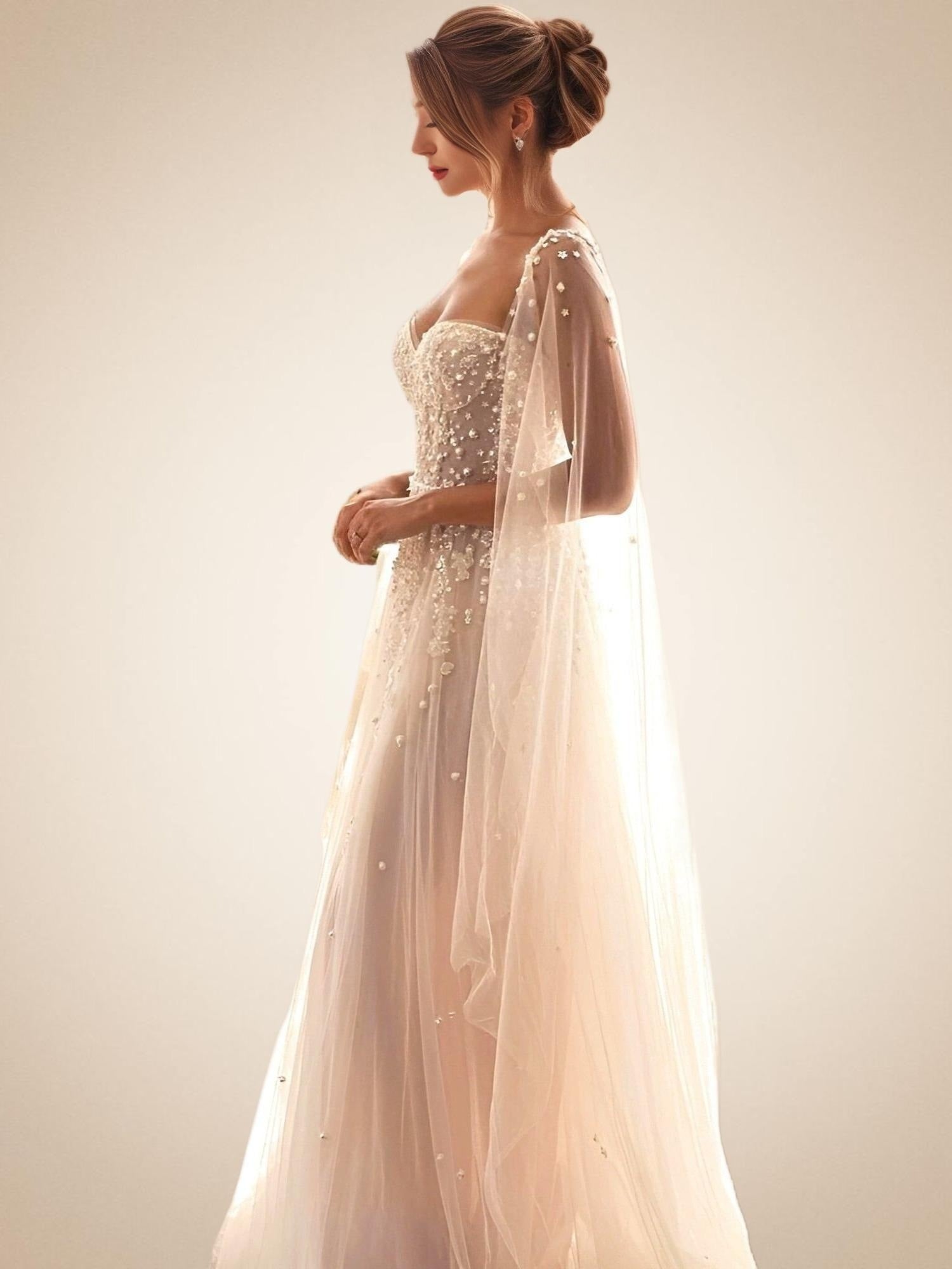 ALENA Wedding Dress | Pearl and Lace Bridal Gown with Cape Sleeve Veil Lula Bridal ALENA Wedding Dress | Pearl and Lace Bridal Gown with Cape Sleeve Veil Lula Bridal