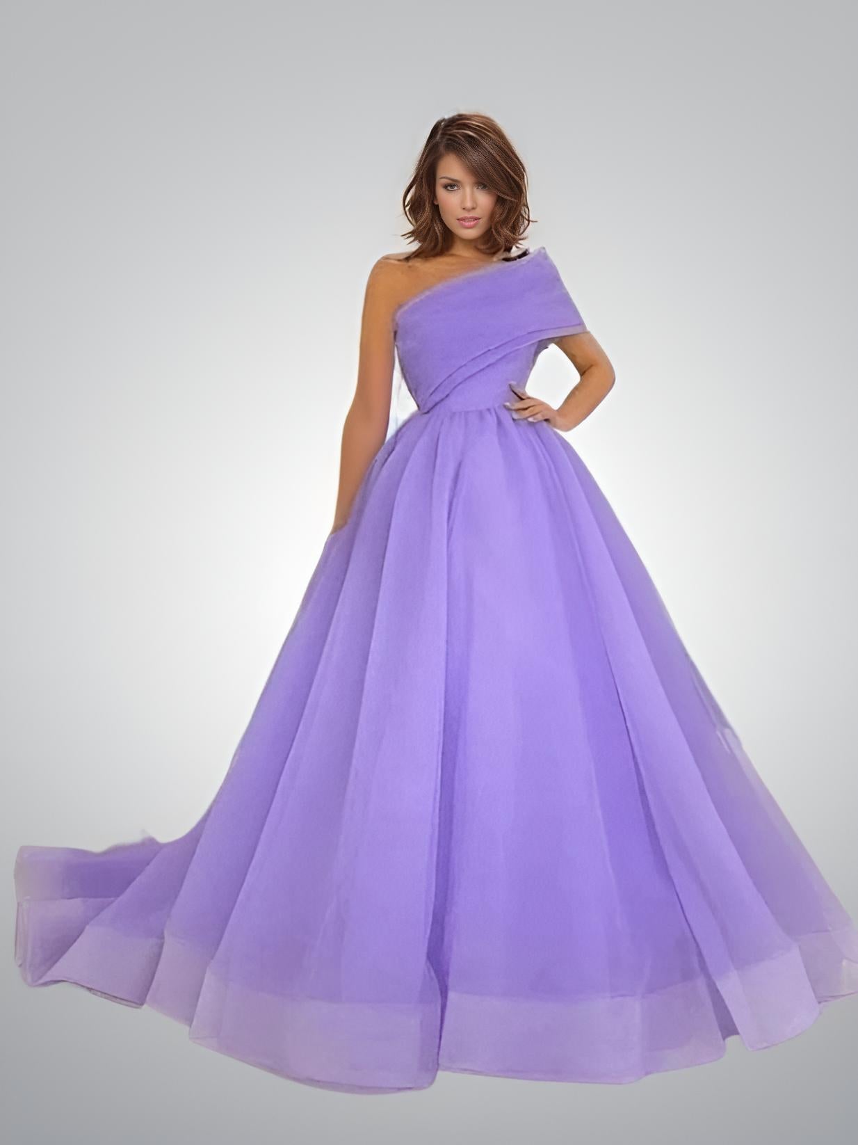 Woman posing in Lavender Purple Alice One Shoulder Evening Gown