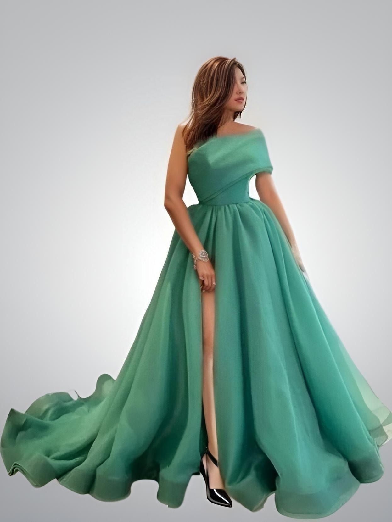 Woman wearing Green One Shoulder High Slit A-Line Prom Dress