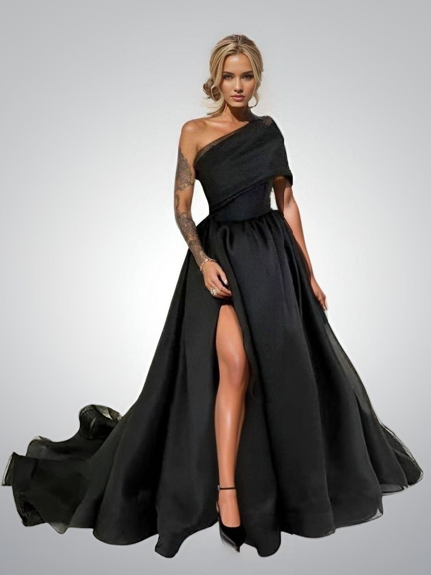 Woman with tattoo showcasing Chic Black One Shoulder Evening Dress with High Slit
