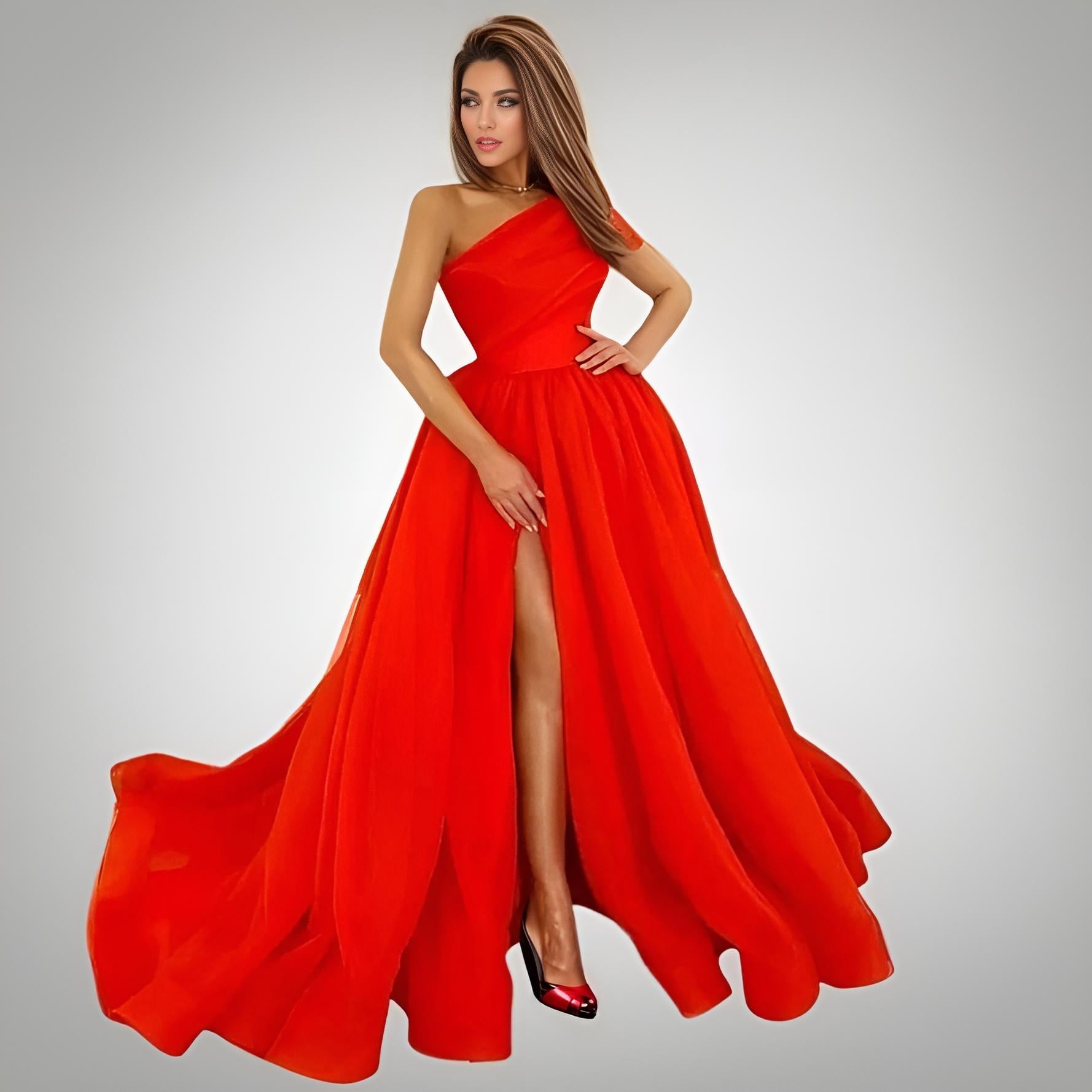 Female model in Bright Red Elegant Organza Gown with High Slit