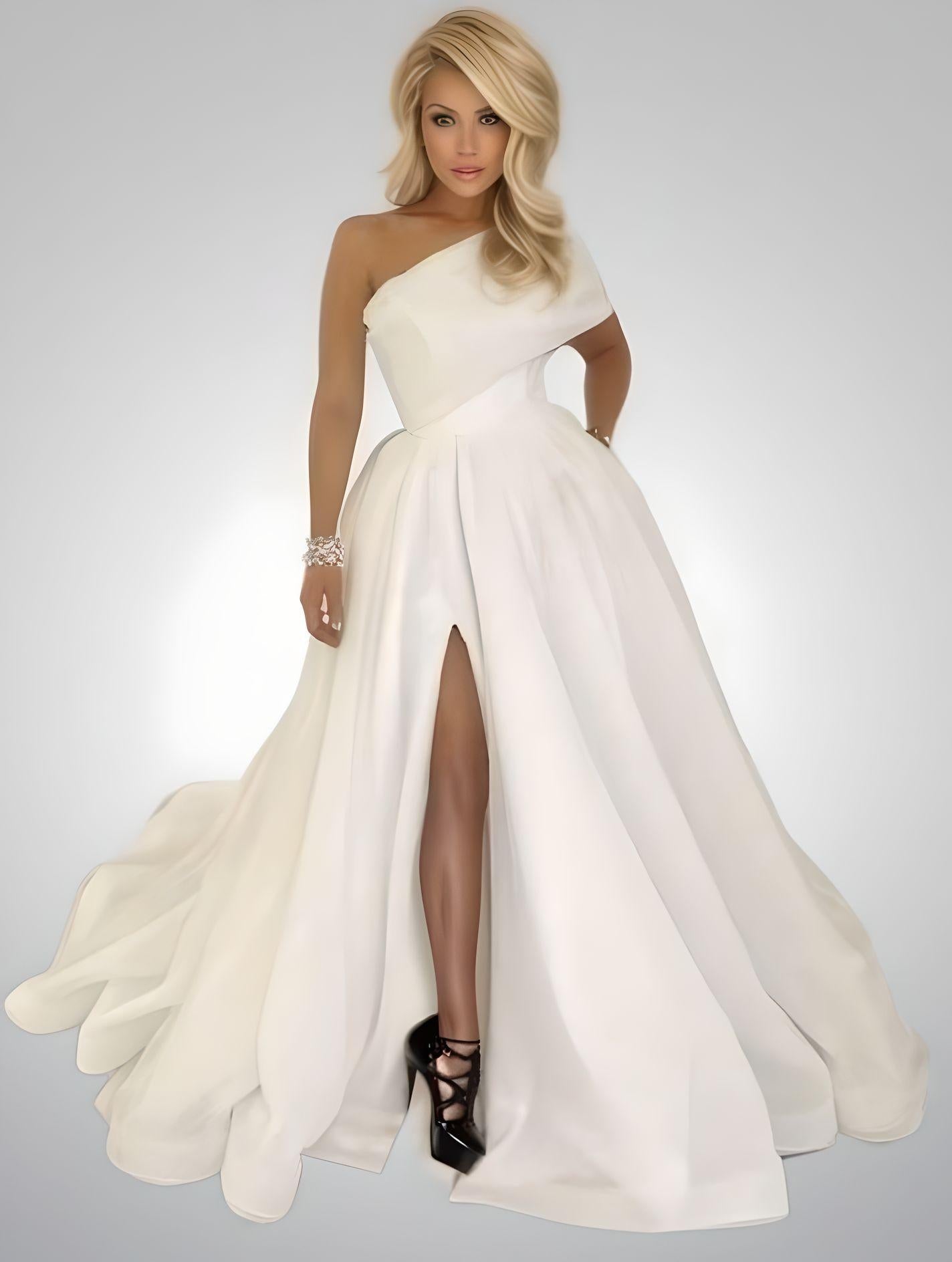 Model in chic white Alice evening dress high thigh slit