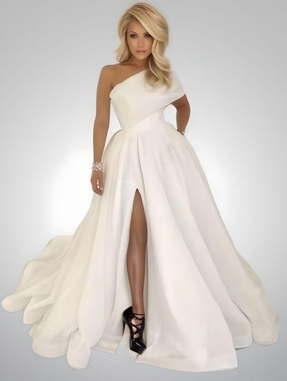 Model in chic white Alice evening dress high thigh slit