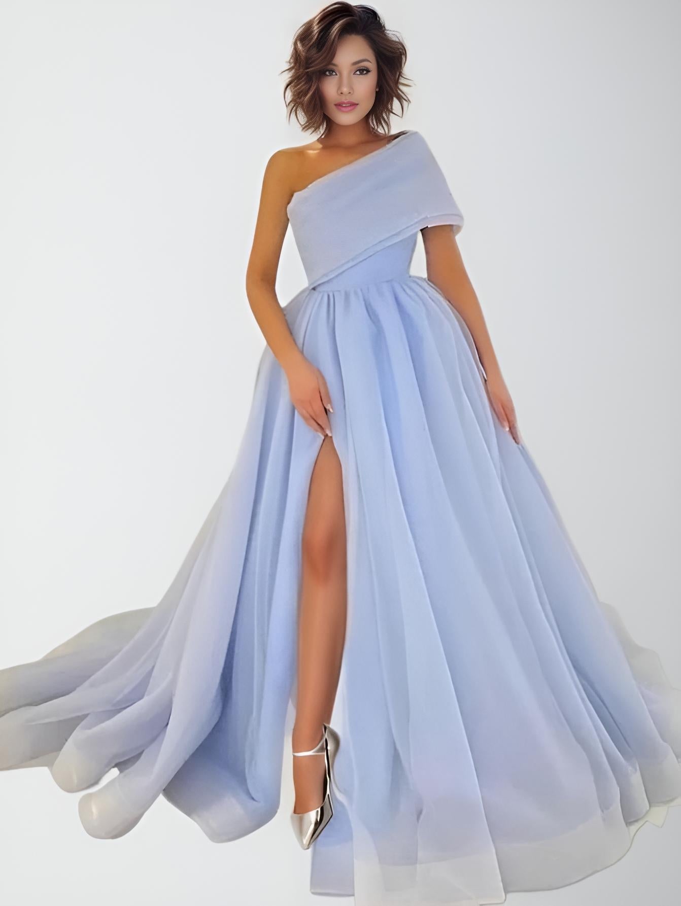 Glamorous woman flaunting Dusty Blue Alice One Shoulder High Slit Dress