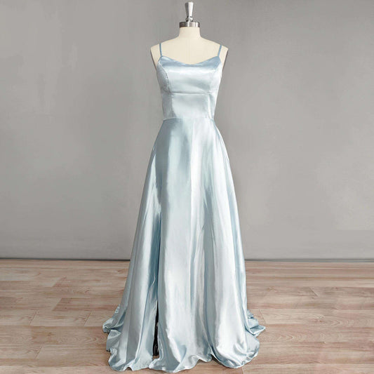 Light Blue Satin Formal Dress with spaghetti straps and high slit