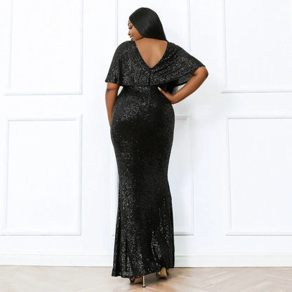 Long black evening gown with intricate sequin detailing