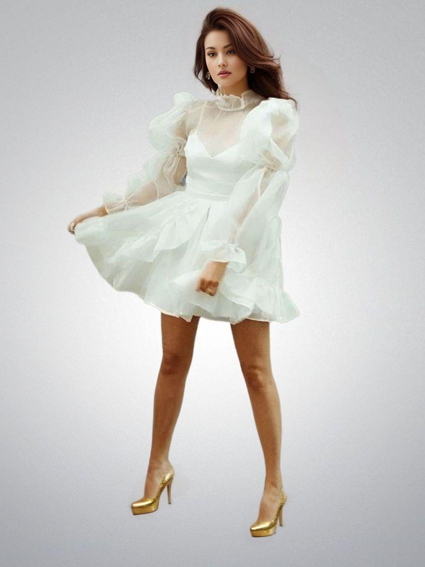 Allanah mini bride dress with long sleeves and high neck
