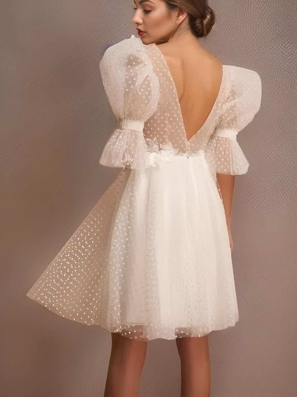 Bride from back in backless Alora Short Wedding Dress with Dotted Tulle Skirt