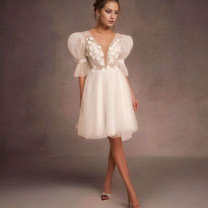 Model in Bridal Party Alora Short Wedding Dress with Romantic Lace Details anv Deep V Neckline