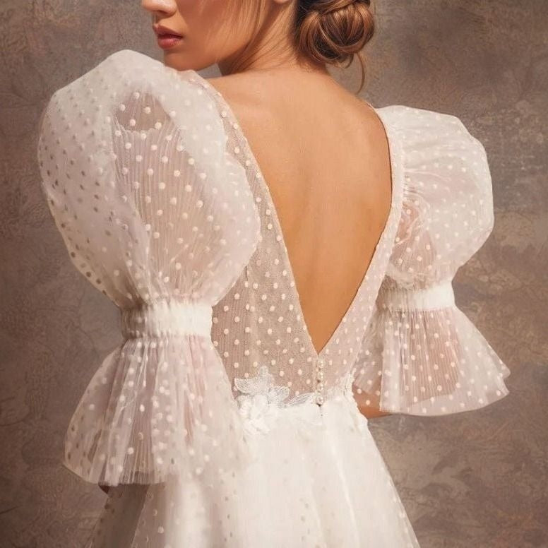 Alora Bridal Mini Gown with Half Puff Polka Dotted Sleeves