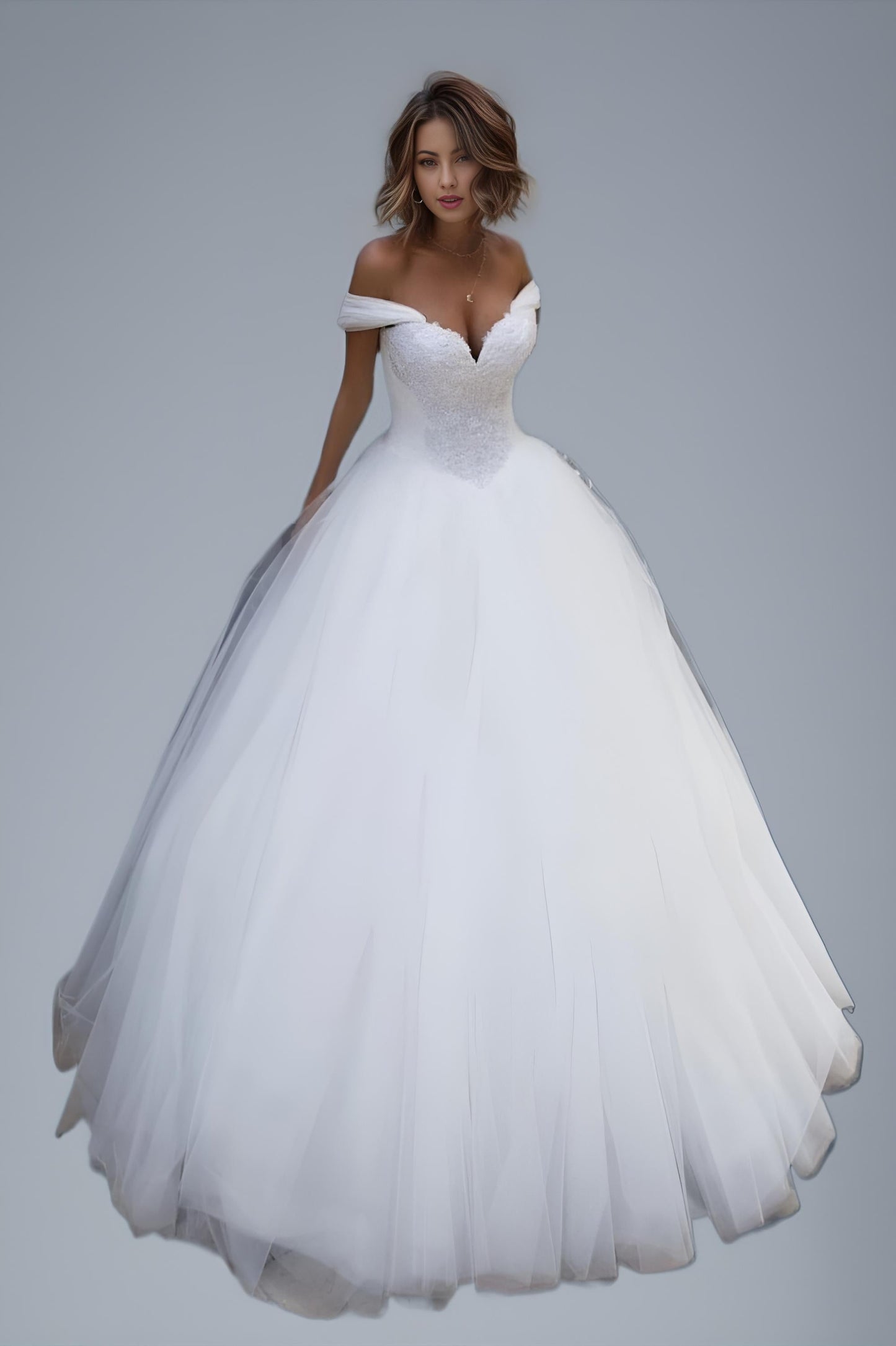 Princess Ball Gown Wedding Dress - Stunning lace appliques and beading and off-the-shoulder sweetheart neckline