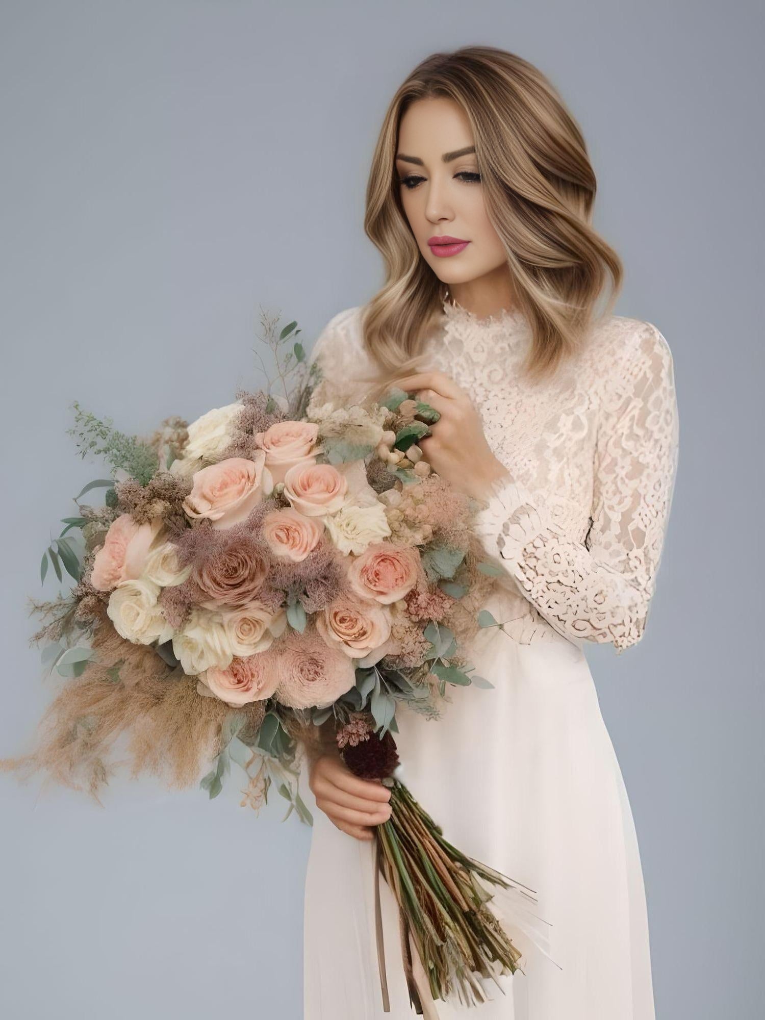 Bride holding bouquet in Boho Lace Top with High Neckline - Separate Wedding Dress Detail