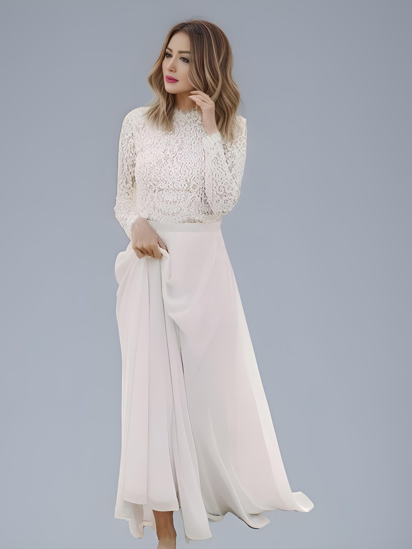 A-line Chiffon Skirt with Lace Top Wedding Dress for Modern Boho Bride