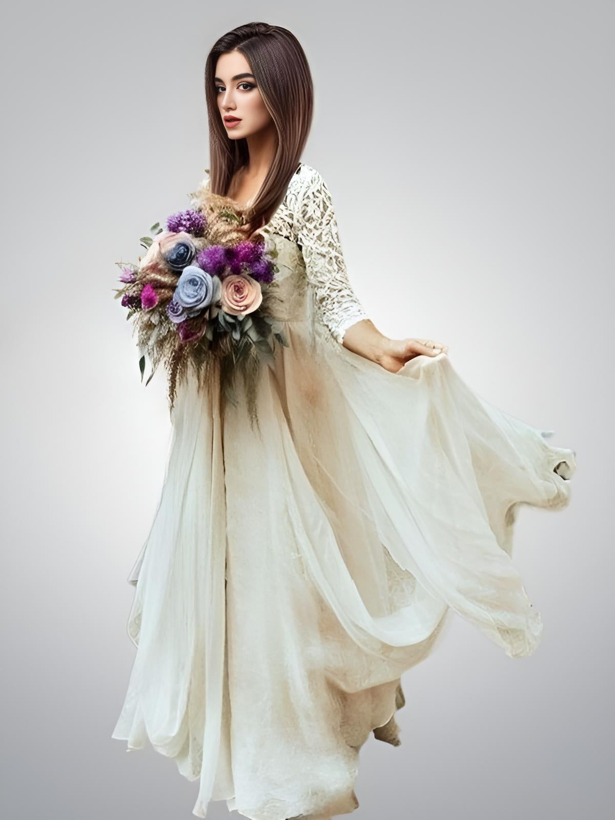 A bride in beautiful Boho Two-Piece Wedding Dress, featuring a full chiffon skirt and lace top, holding flower bouquet